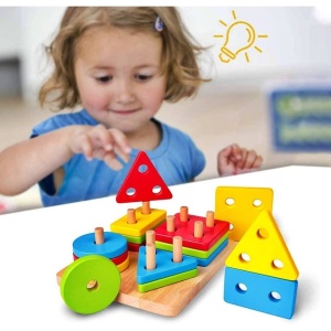 Jucarie Educativa Tip Montessori, din Lemn, + 36 Luni, Forme Geometrice, 16 Piese, 12 x 12 cm, Multicolor - Img 5