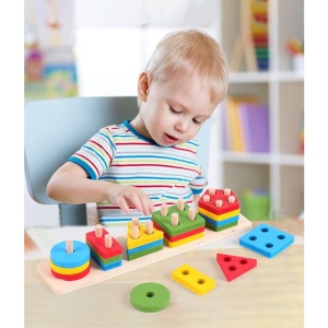 Jucarie Educativa Tip Montessori, din Lemn, + 36 Luni, Forme Geometrice, 20 Piese, 6 x 26.5 cm, Multicolor - Img 6