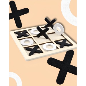 Jucarie Montessori Tic Tac Toe, Educativa, Interactiva, din lemn, X si O, 9 Piese, 14.3x14.3 cm, Negru Alb - Img 3