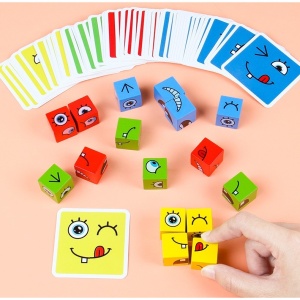 Jucarie pentru copii montessori cub din lemn, asamblare fete, 64 de carti distractive, +3 ani, educativ, multicolor - Img 5