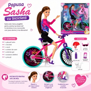 Papusa Sport cu Accesorii Ciclism Casca si Animalut