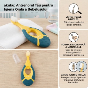 Periuta de dinti Akuku First brush bebelusi si copii, maner silicon, recomandat pentru 0-2 ani, verde/galben - Img 3