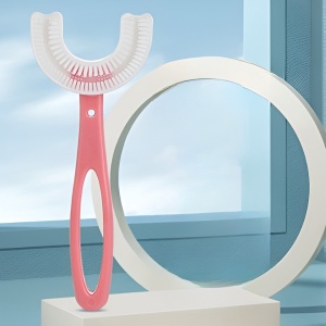 Periuta de Dinti in Forma de U, pentru Varsta 6-12 ani, Peri Moi, 12 cm, Model Inima, Culoare Roz - Img 3