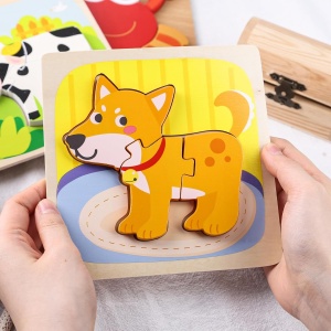 Puzzle Montessori din Lemn pentru Copii, 3D, 0-3 Ani, Model Catel, Educativ, Intuitiv, Creativ, 3 Piese, 15x15x0.5 cm, Multicolor - Img 2