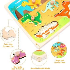 Puzzle Montessori din Lemn pentru Copii, 3D, 0-3 Ani, Model Dinozauri, 8 Piese, 30x22.5x0.8 cm, Multicolor - Img 6