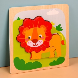 Puzzle Montessori din Lemn pentru Copii, 3D, 0-3 Ani, Model Leu, Educativ, Intuitiv, Creativ, 3 Piese, 15x15x0.5 cm, Multicolor - Img 2