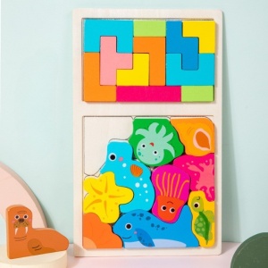 Puzzle Montessori din Lemn pentru Copii, Tip Tetris 2in1 +3 Ani, cu Animale Marine Colorate 3D, 21 de Piese, 28.5x17x1.2 cm, Multicolor - Img 2