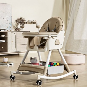 Scaun de Masa pentru Bebelusi si Copii, 2 Tavite cu Jucarii si Husa Detasabile, Multifunctional, Balansoar, de la 6 Luni, 97x73x65cm, Crem - Img 2