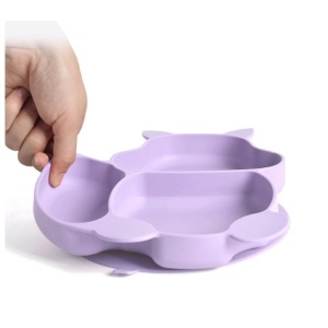 Set 10 piese diversificare bebelusi si copii din silicon baveta, farfurie compartimentata cu ventuza, bol cu ventuza, tacamuri din lemn si silicon, cana pentru gustari, fara alergeni, mov - Img 4