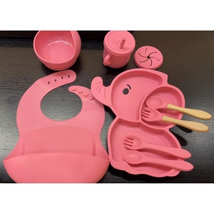 Set 10 Piese Servire Masa. pentru Bebelusi si Copii, din Silicon/Lemn, cu Ventuze Anti-alunecare, fara Alergeni. +6 Luni, Model Elefant, Roz - Img 6