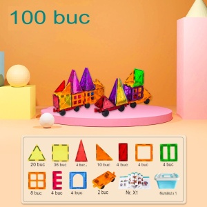 Set 100 de Piese Magnetice de Constructie Flippy Magnetic Tiles Piese Mari Forme Geometrice 3 Ani ABS Magnet 20.5 x 14.5 x 12 cm - Img 2