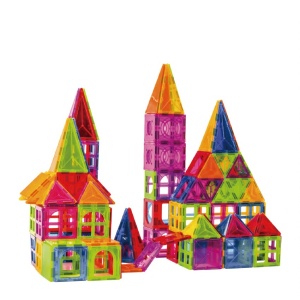 Set 60 de Piese Magnetice de Constructie, Magnetic Tiles, Piese Mari, Forme Geometrice, 3 Ani, ABS, Magnet, 20.5 x 14.5 x 12 cm, Multicolor