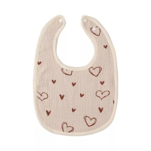 Baveta in Forma de U, din Bumbac, pentru Copii 0-12 Luni, Rezistenta la Apa, cu Capse, Model cu Inimoare, 21x30 cm, Bej