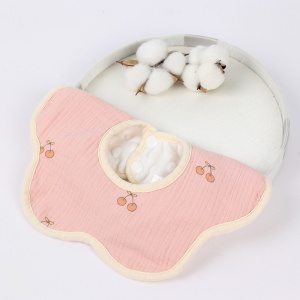 Baveta Tip Floare, din Bumbac, pentru Copii 0-12 Luni, Rezistenta la apa, cu Capse, Model cu Cirese, 26 x 29 cm, Roz - Img 5
