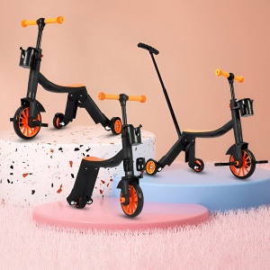 Bicicleta 8 in 1, Transformabila, Multifunctionala, Reglare Inaltime, cu Maner de Impingere Detasabil, Tricicleta, Trotineta, 3 Roti, Pedale, Cosulet, 3-6 Ani, Portocaliu - Img 3