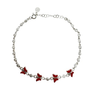 Bratara pentru Copii, Jolie, Argint 925, Model Fluture, cu Email si Zirconiu, 22 cm/4.4g Argintiu/Rosu inchis