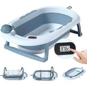 Cada de Baie, pentru Copii 0 luni - 6 Ani, cu Termometru, Pliabila, Perna Suport Inclusa, din Plastic, 81.5 x 49 x 21.5 cm, Albastru - Img 2