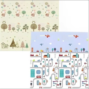 Covoras de Joaca pentru Copii Termic cu 2 Fete, Model Vulpi si Pista de Masini, cu Spuma, Impermeabil, Antiderapant, 200cm x 160cm x 0.6cm