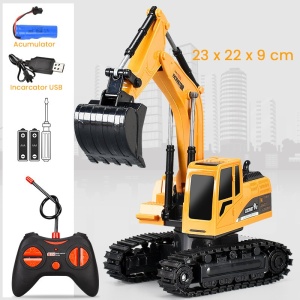 Excavator Jucarie pentru Copii, Jucarie Excavator cu Telecomanda, Jucarie de Constructie, Acumulator cu Incarcare USB, 23 x 22 x 9 cm, Portocaliu - Img 2
