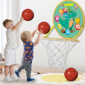 Jucarie Interactiva, 2 in 1, Cos de Basket si Tinta de Darts, Minge 16 cm, Pompa, 8 Mingii cu Scai, Model Dragon, Multicolor - Img 4