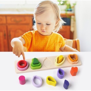 Jucarie Montessori din Lemn, Tip Puzzle, cu 5 Forme Asimetrice, 15 Piese, Model Fructe, Educativa, Interactiva, Creativa, Materiale Non Toxice, +2 Ani, 29x6.5 cm, Multicolor - Img 3