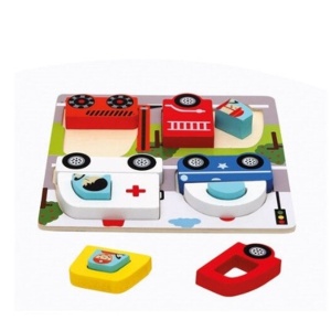 Jucarie Montessori, Tip Puzzle 3D, din Lemn, +36 Luni, Model Masini, 18 x 18 x 1.5 cm, Multicolor - Img 2