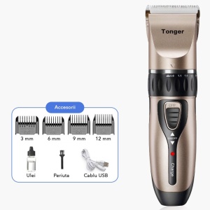 Masina De Tuns Bebelusi si Copii, Lame Cermice si Inox, Fara Fir, Functie Anti Taiere, Silentios, 50 W, 4 Accesorii, Incarcator USB, Gold Negru - Img 2