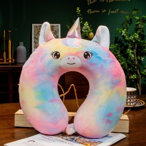 Perna de Calatorie in Forma de U, Pentru Gat si Cap, Umplutura din Spuma cu Memorie, 30x30 cm, Model Unicorn, Accesoriu de Voiaj, Birou, Masina, Sistem Prindere Capse, Multicolor - Img 2