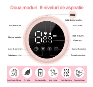 Pompa de San Electrica 2 in 1, cu 2 Biberoane, Capacitate 180 ml, Incarcare USB Tip C, 1200 mAh, 2 Moduri, 9 Viteze, Roz Transparent - Img 3
