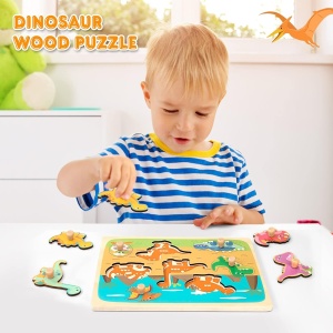 Puzzle Montessori din Lemn pentru Copii, 3D, 0-3 Ani, Model Dinozauri, 8 Piese, 30x22.5x0.8 cm, Multicolor - Img 3