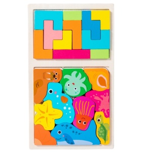 Puzzle Montessori din Lemn pentru Copii, Tip Tetris 2in1 +3 Ani, cu Animale Marine Colorate 3D, 21 de Piese, 28.5x17x1.2 cm, Multicolor