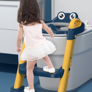 Reductor si Scaunel Inaltator WC, pentru Copii 1 - 7 Ani, 2 Trepte Reglabile, Pliabil, Colac Moale, cu Spatar si Manere, Albastru/Portocaliu - Img 3