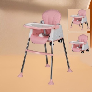 Scaun de Masa Pliabil 3in1,Reglabil, Multifunctional, 3 Pozitii, Masuta si Husa Detasabile, Roti, Centura de Siguranta, Ajustare Inaltime, Roz