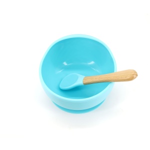 Set 2 piese diversificare bebelusi si copii din silicon bol cu ventuza, lingurita din lemn si silicon, pentru gustari, fara alergeni, albastru - Img 2