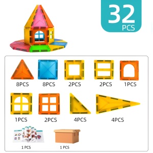 Set 32 Piese Magnetice de Constructie, Piese 5.5 cm, Magnetic Tiles, Forme Geometrice, 3 Ani, Multicolor - Img 5