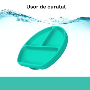 Set 5 piese diversificare bebelusi si copii din silicon baveta, farfurie compartimentata cu ventuza, bol cu ventuza, tacamuri, fara alergeni, verde - Img 2