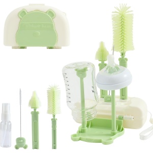Set 7 Piese de Spalat/Uscat Biberoane, Portabil, Peri de Silicon, pentru Tetine, Suzete, Biberoane, Paie, Cutie Inclusa, 16 x 11 x 5 cm, Model Ursulet, Verde