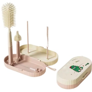 Set 7 Piese de Spalat/Uscat Biberoane, Portabil, Peri de Silicon, pentru Tetine, Suzete, Biberoane, Paie, Cutie Inclusa, 20 x 9.5 cm, Roz - Img 2