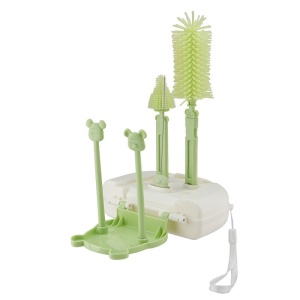 Set 7 Piese de Spalat/Uscat Biberoane, Portabil, Peri de Silicon, pentru Tetine, Suzete, Biberoane, Paie, Cutie Inclusa, 16 x 11 x 5 cm, Model Ursulet, Verde - Img 2