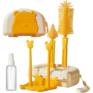 Set 7 Piese de Spalat/Uscat Biberoane, Portabil, Peri de Silicon, pentru Tetine, Suzete, Biberoane, Paie, Cutie Inclusa, Model Ursulet, Galben
