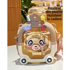 Sticla cu pai pentru copii, model ursulet, gradata, stickere aplicate, curea reglabila, din plastic rezistent la cadere, 1l, Maro, 20 x 13 cm - Img 4