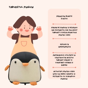 Taburet Pentru Copii, Cadru din Lemn Masiv, 25 x 29 x 29 cm, Perna de Burete Elastica si Maner de Transport, in Forma de Pinguin, Negru - Img 2