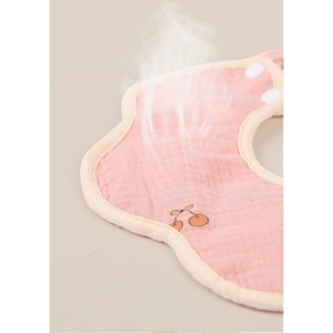 Baveta Tip Floare, din Bumbac, pentru Copii 0-12 Luni, Rezistenta la apa, cu Capse, Model cu Cirese, 26 x 29 cm, Roz - Img 2