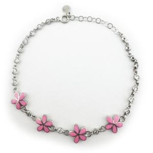 Bratara pentru Copii, Jolie, Argint 925, Model Floare, cu Email si Zirconiu, 22 cm/4.4g Argintiu/Roz