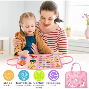 Carte Senzoriala Educativa Montessori, Dezvoltare Abilitati Motorii, 5 Pagini, Model Unicorni, 28x22x7 cm, Roz - Img 4