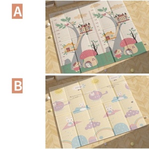 Covoras pentru Copii, cu 2 Fete, Model Casute in Copaci/Iepurasi, din XPE+PE, Impermeabil, Antiderapant, Protectie Termica, +3 Luni, Pliabil, 150 x 200 x 1.5 cm, Multicolor - Img 3