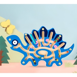 Joc Montessori cu Bile, Creion Magnetic, Tip Labirint, din Lemn, Model Stegozaur, 25x15.5 cm, Albastru - Img 3