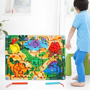 Joc Montessori de Sortare Culori, Creion Magnetic, Tip Labirint Ilustrat, din Lemn, Model Dinozauri, 39x29x1.5 cm - Img 4