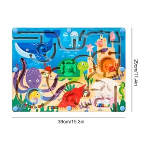 Joc Montessori de Sortare Culori, Creion Magnetic, Tip Labirint Ilustrat, din Lemn, Model Animale Marine, 39x29x1.5 cm - Img 2