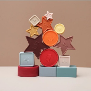 Jucarie Educativa, +12 Luni, Tip Montessori, din Lemn si Silicon, Forme Geometrice Stivuibile, 15 Piese, 27 x 19 cm, Multicolor - Img 5